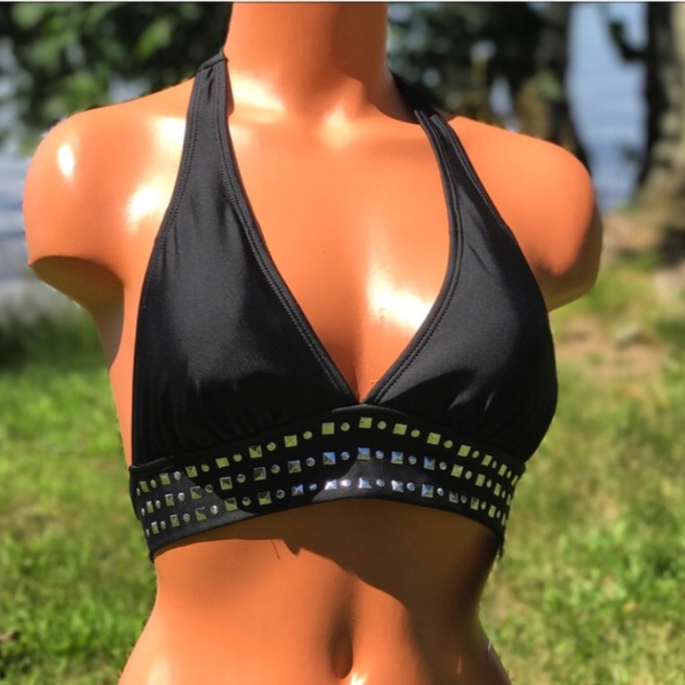Black halter bikini top with metallic band
